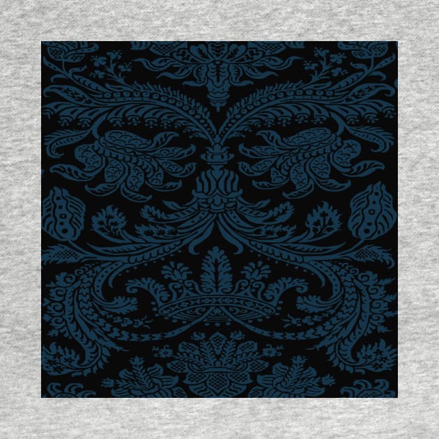 Dark Dusty Blue on Black Gothic Royal Medieval Damask Scrolls by JamieWetzel